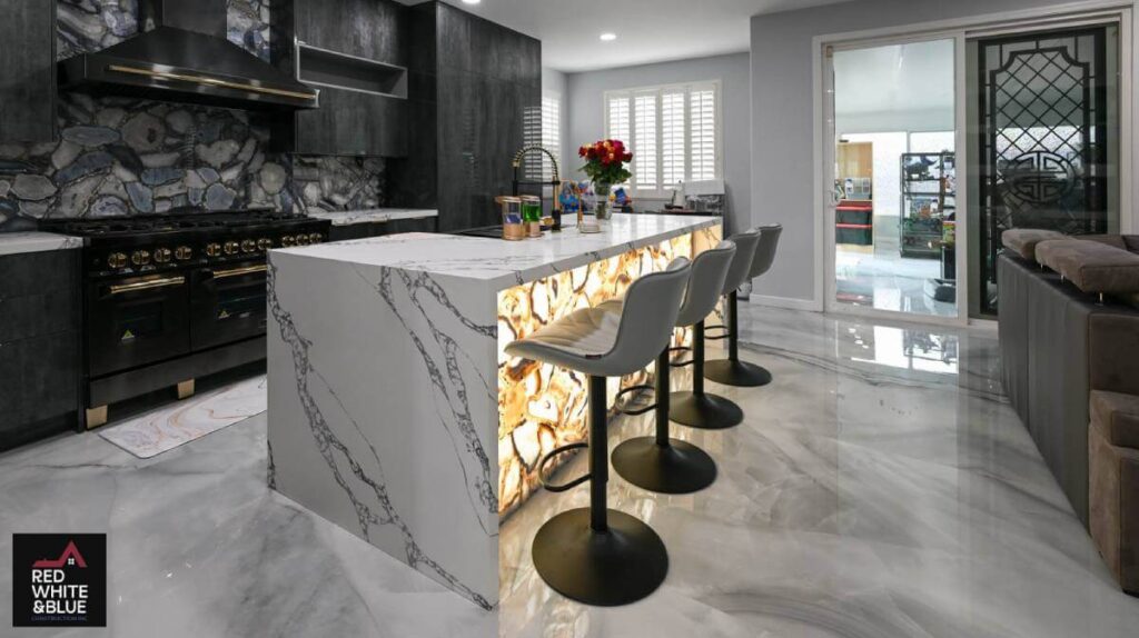 Kitchen gray walls, an island with glowing lights and bar stools