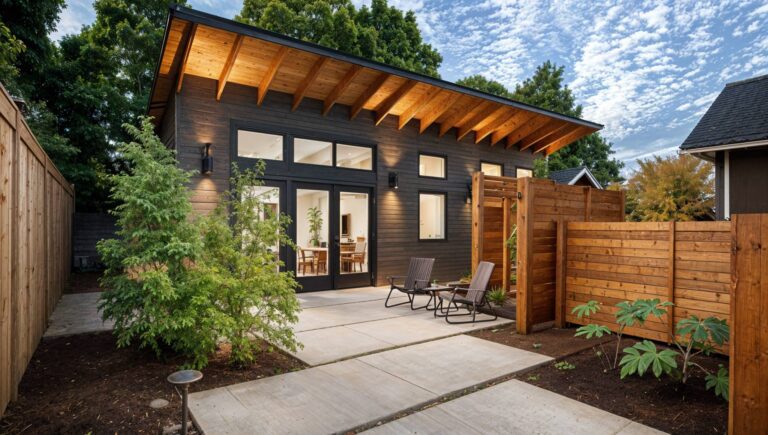 A serene backyard featuring a wooden fence surrounding a spacious deck, ideal for outdoor relaxation.