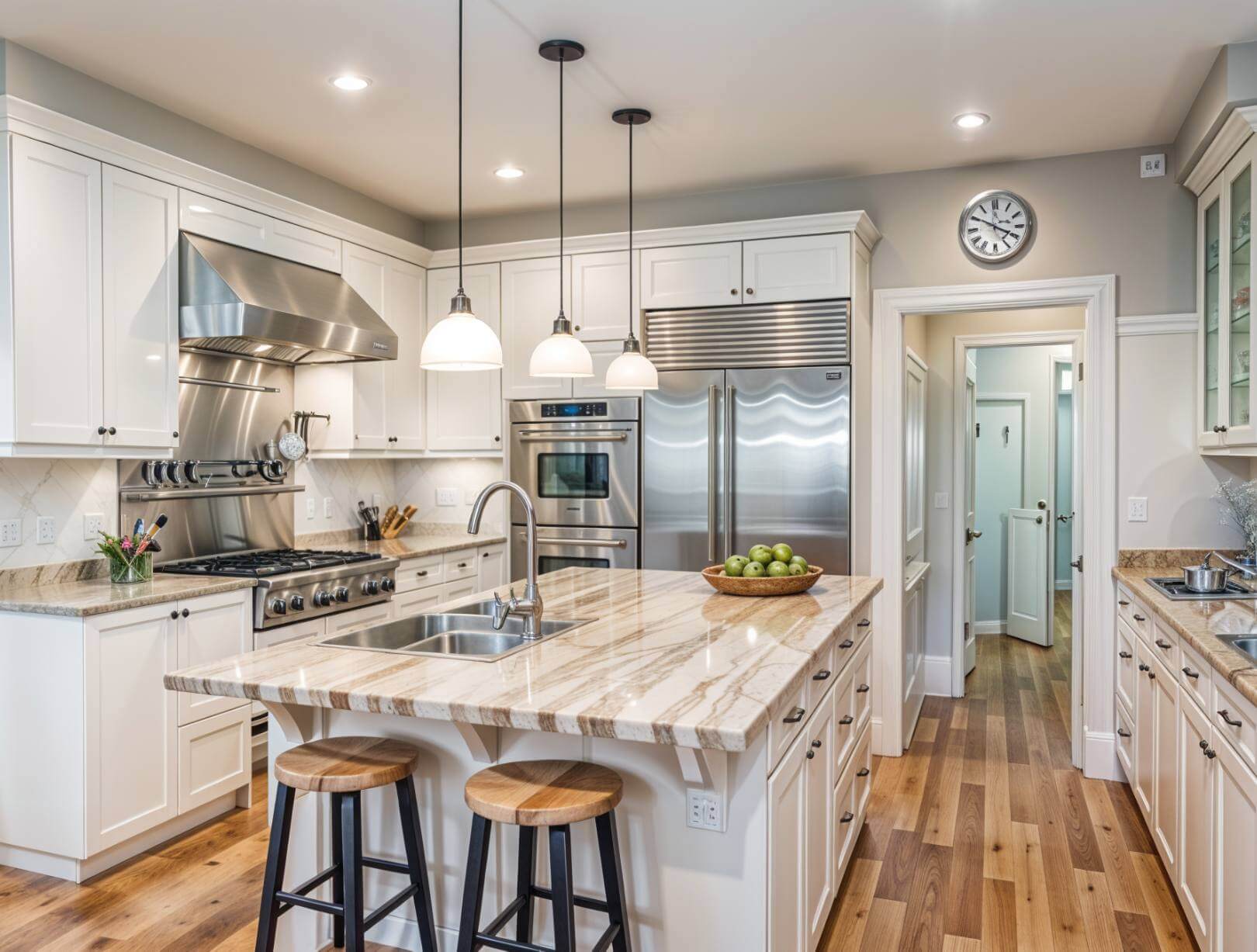 White and tan colored kitchen with tiger stripe island