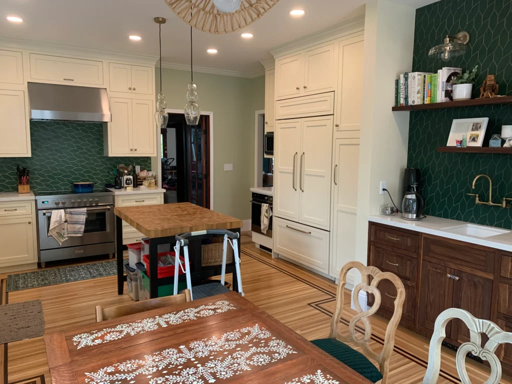 Kitchen remodel with unique green tile backsplash